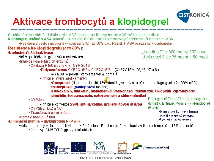 Aktivace trombocytů a klopidogrel Selektivně ireverzibilně inhibuje vazbu ADP na jeho destičkový receptor GPIIb/IIIa