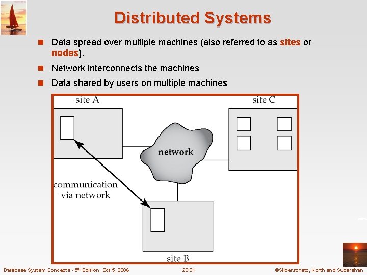 Distributed Systems n Data spread over multiple machines (also referred to as sites or