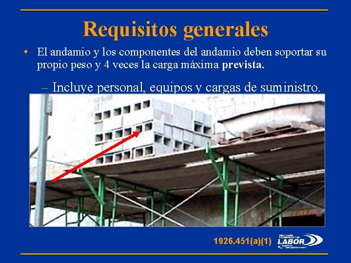 Requisitos generales • El andamio y los componentes del andamio deben soportar su propio