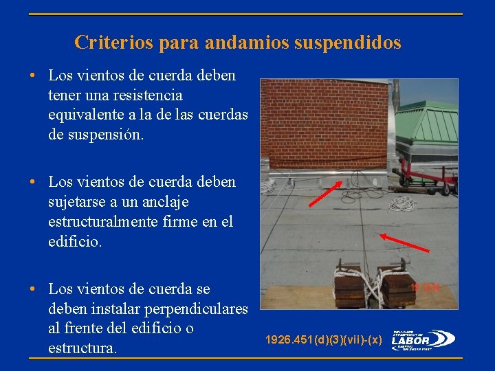  Criterios para andamios suspendidos • Los vientos de cuerda deben tener una resistencia