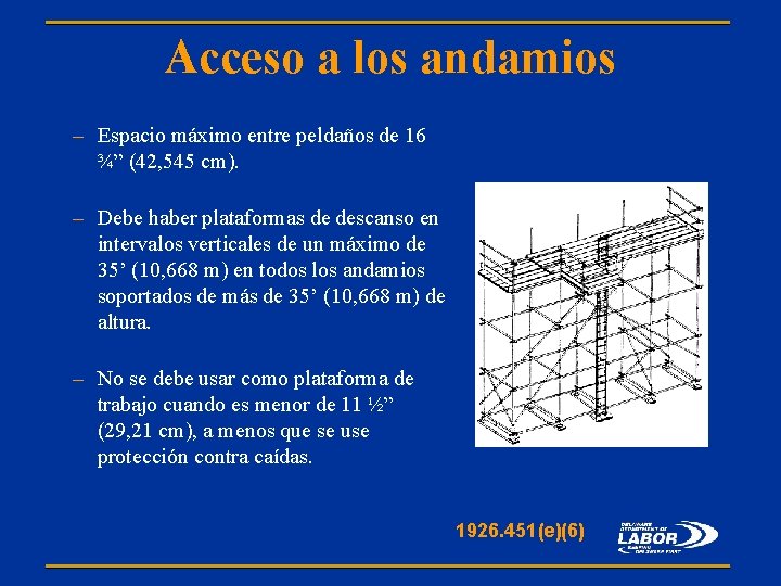 Acceso a los andamios – Espacio máximo entre peldaños de 16 ¾” (42, 545