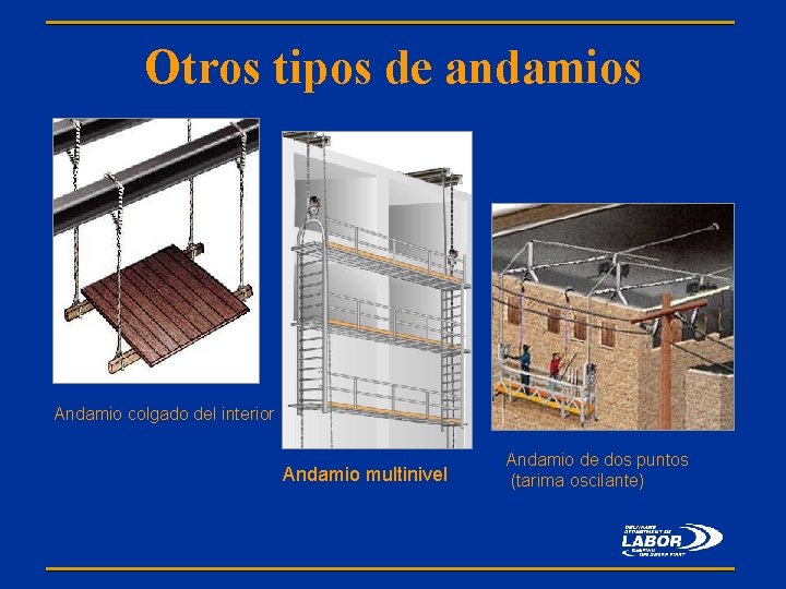 Otros tipos de andamios Andamio colgado del interior Andamio multinivel Andamio de dos puntos