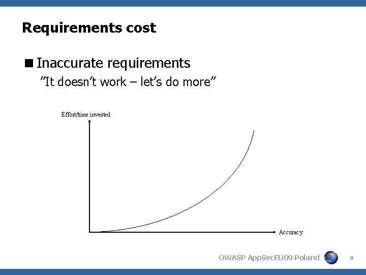 Requirements cost <Inaccurate requirements ”It doesn’t work – let’s do more” Effort/time invested Accuracy