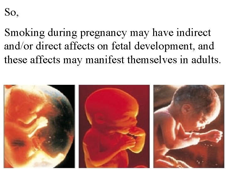So, Smoking during pregnancy may have indirect and/or direct affects on fetal development, and