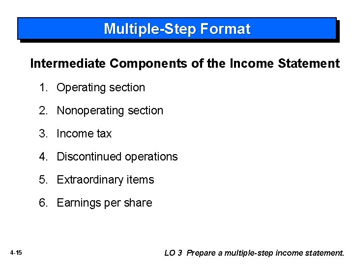 Multiple-Step Format Intermediate Components of the Income Statement 1. Operating section 2. Nonoperating section