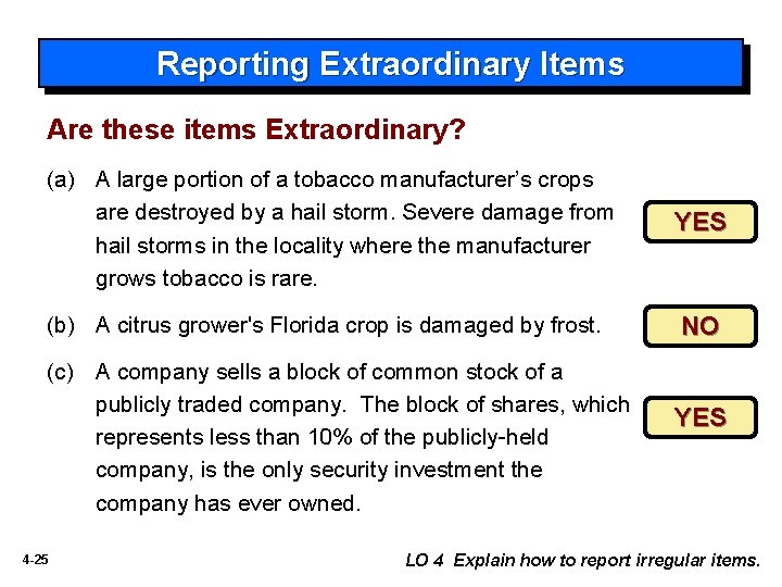 Reporting Extraordinary Items Are these items Extraordinary? (a) A large portion of a tobacco