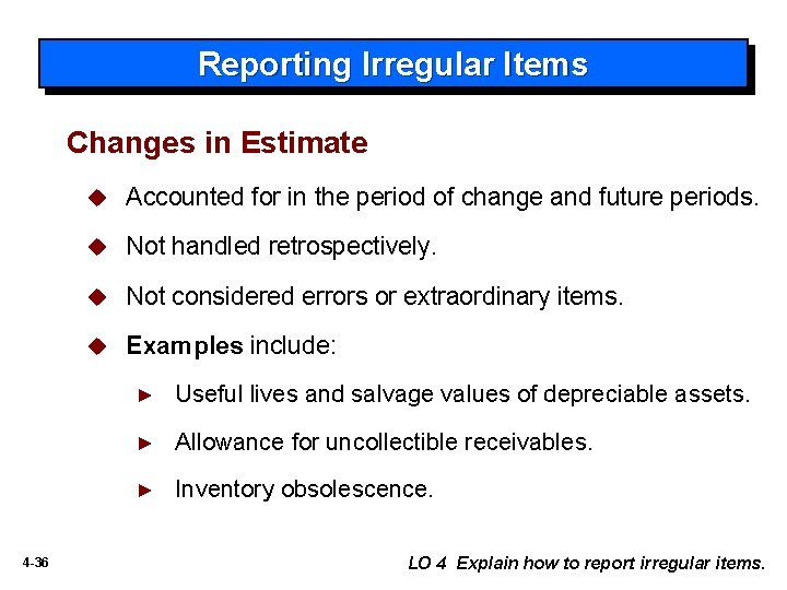 Reporting Irregular Items Changes in Estimate 4 -36 u Accounted for in the period
