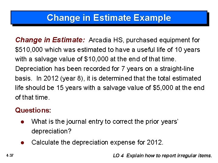 Change in Estimate Example Change in Estimate: Arcadia HS, purchased equipment for $510, 000