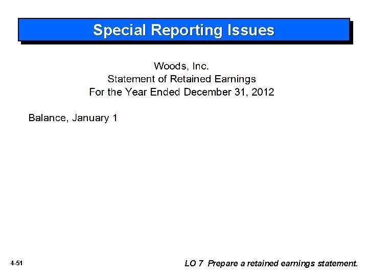 Special Reporting Issues 4 -51 LO 7 Prepare a retained earnings statement. 