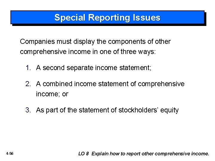 Special Reporting Issues Companies must display the components of other comprehensive income in one