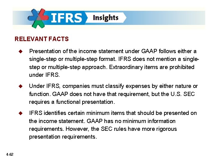 RELEVANT FACTS 4 -62 u Presentation of the income statement under GAAP follows either