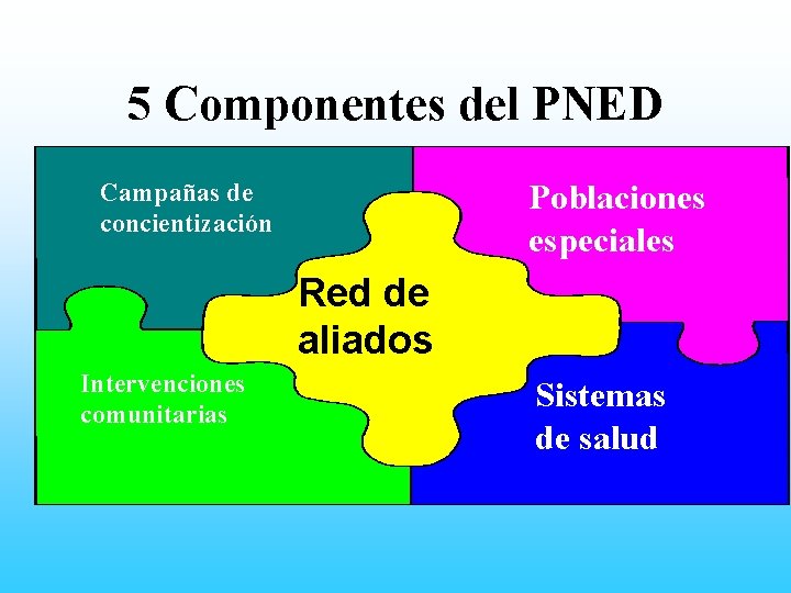 5 Componentes del PNED Campañas de concientización Poblaciones especiales Red de aliados Intervenciones comunitarias