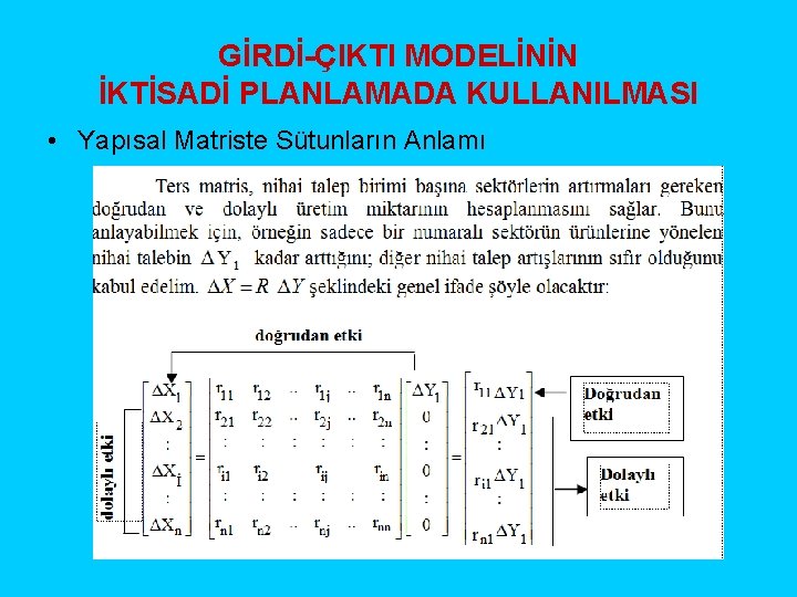 GİRDİ-ÇIKTI MODELİNİN İKTİSADİ PLANLAMADA KULLANILMASI • Yapısal Matriste Sütunların Anlamı 