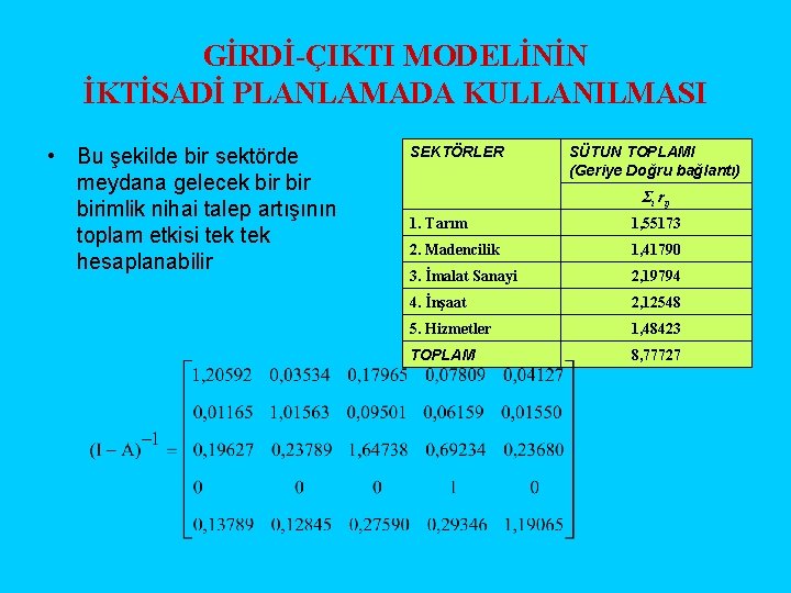 GİRDİ-ÇIKTI MODELİNİN İKTİSADİ PLANLAMADA KULLANILMASI • Bu şekilde bir sektörde meydana gelecek bir birimlik