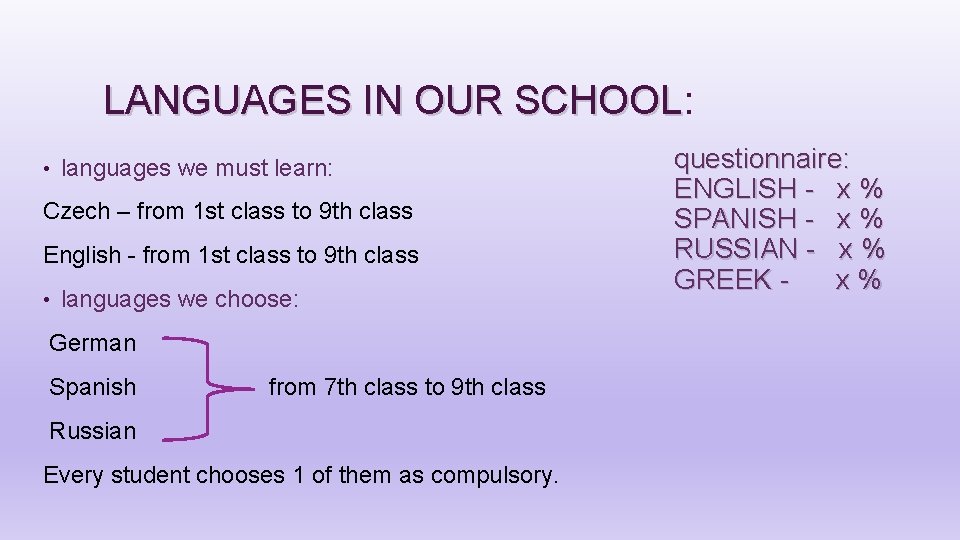 LANGUAGES IN OUR SCHOOL: SCHOOL • languages we must learn: Czech – from 1