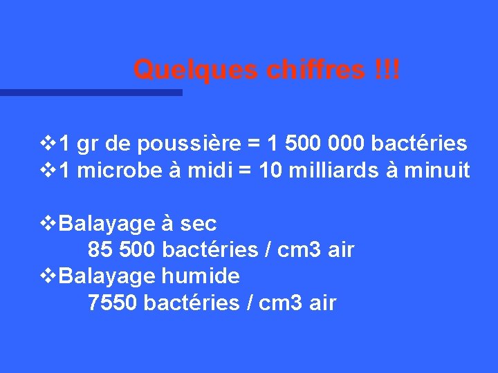 Quelques chiffres !!! v 1 gr de poussière = 1 500 000 bactéries v