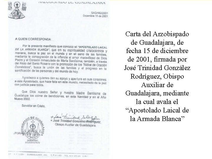 Carta del Arzobispado de Guadalajara, de fecha 15 de diciembre de 2001, firmada por