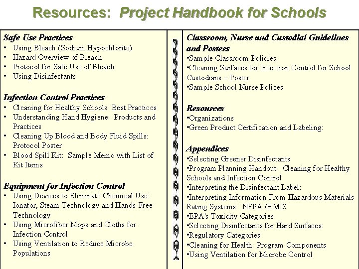 Resources: Project Handbook for Schools Safe Use Practices • • Using Bleach (Sodium Hypochlorite)