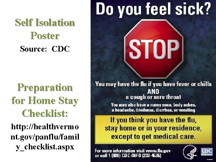 Self Isolation Poster Source: CDC Preparation for Home Stay Checklist: http: //healthvermo nt. gov/panflu/famil