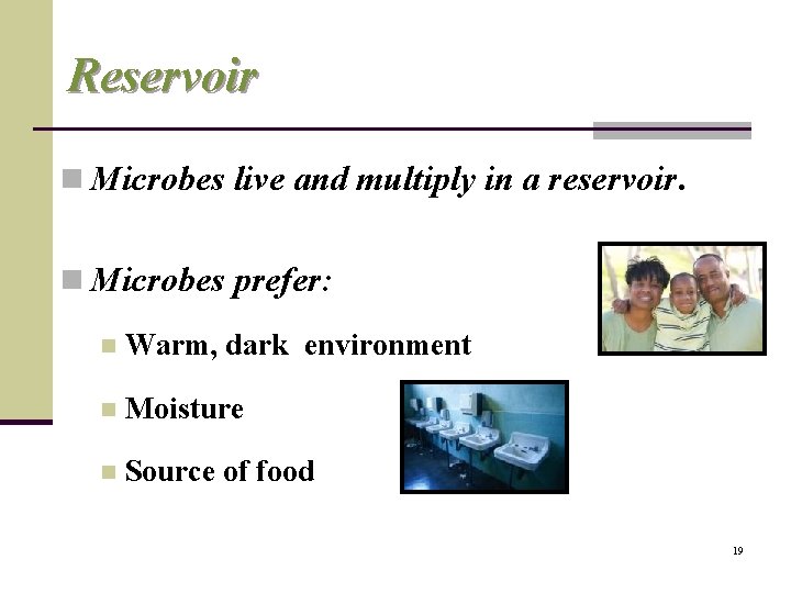 Reservoir n Microbes live and multiply in a reservoir. n Microbes prefer: n Warm,