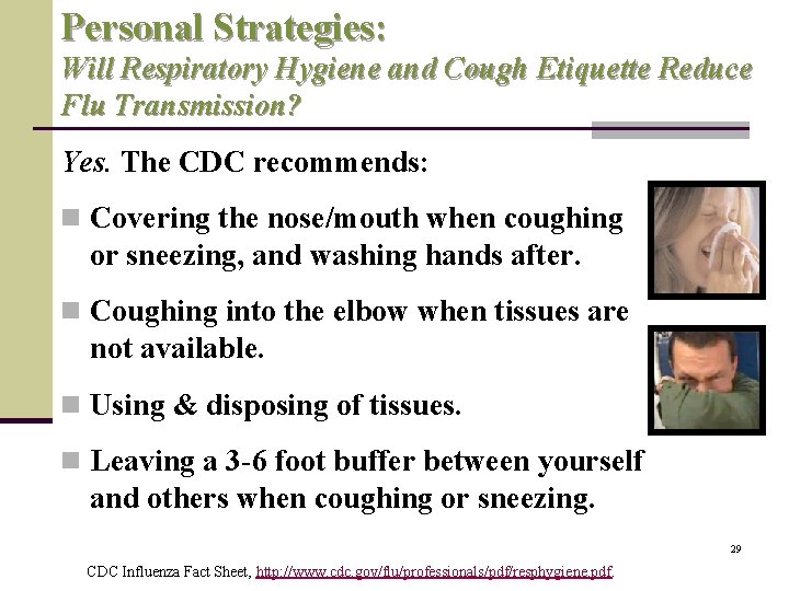Personal Strategies: Will Respiratory Hygiene and Cough Etiquette Reduce Flu Transmission? Yes. The CDC