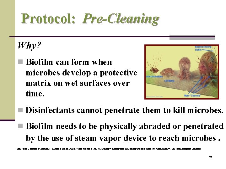 Protocol: Pre-Cleaning Why? n Biofilm can form when microbes develop a protective matrix on