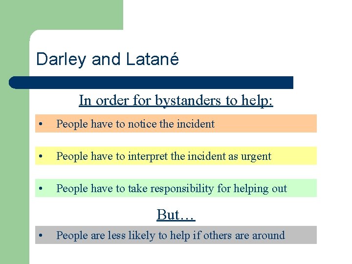 Darley and Latané In order for bystanders to help: • People have to notice