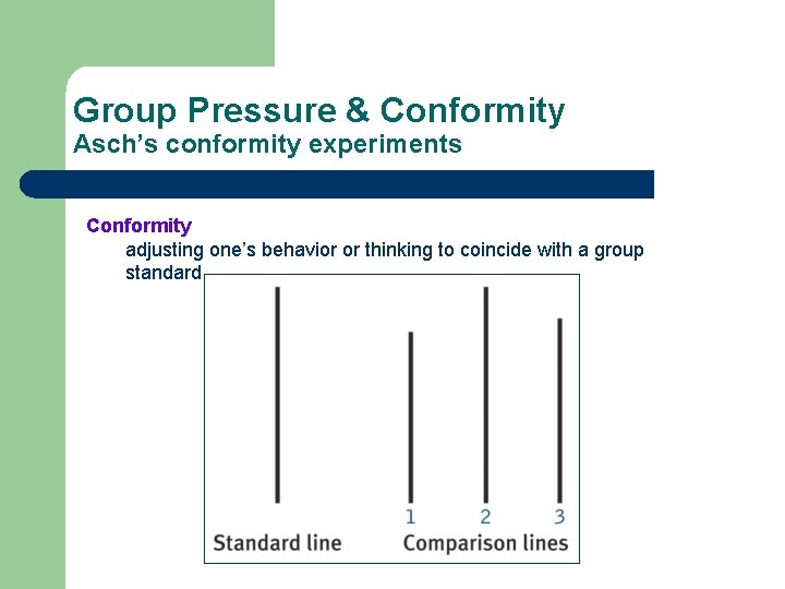 Group Pressure & Conformity Asch’s conformity experiments Conformity adjusting one’s behavior or thinking to