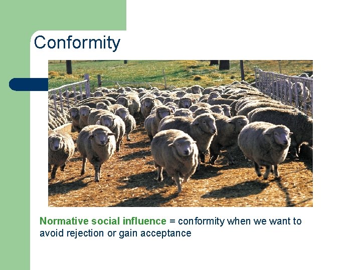 Conformity Normative social influence = conformity when we want to avoid rejection or gain