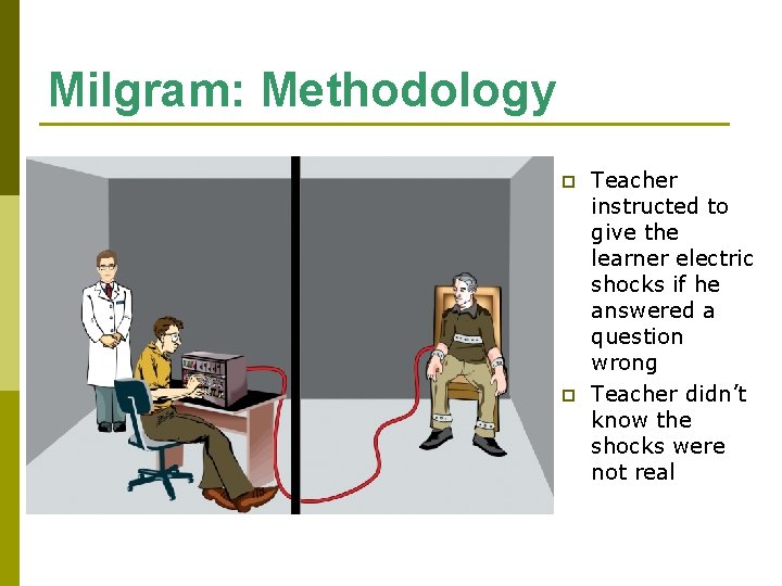 Milgram: Methodology p p Teacher instructed to give the learner electric shocks if he