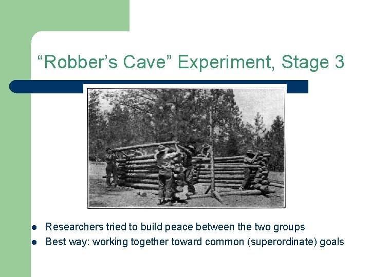 “Robber’s Cave” Experiment, Stage 3 l l Researchers tried to build peace between the