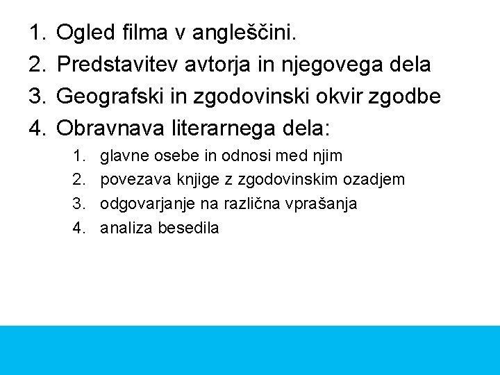 1. 2. 3. 4. Ogled filma v angleščini. Predstavitev avtorja in njegovega dela Geografski