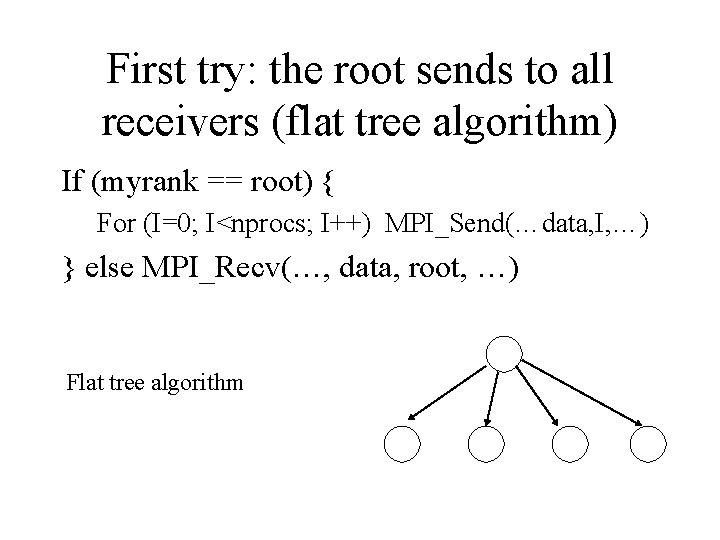 First try: the root sends to all receivers (flat tree algorithm) If (myrank ==