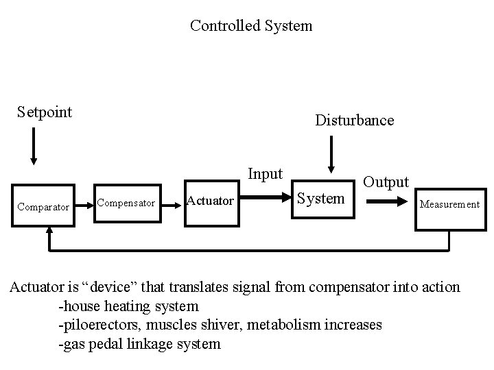 Controlled System Setpoint Disturbance Input Comparator Compensator Actuator System Output Measurement Actuator is “device”