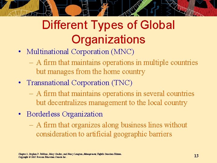 Different Types of Global Organizations • Multinational Corporation (MNC) – A firm that maintains