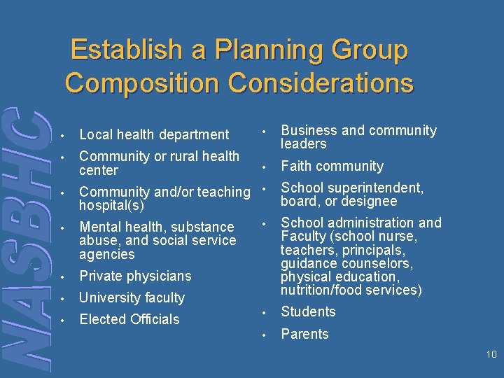 Establish a Planning Group Composition Considerations • Local health department • • Community or