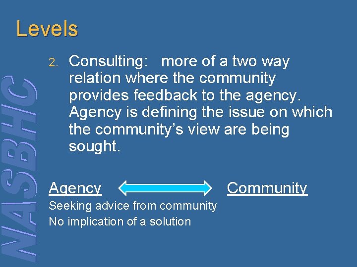 Levels 2. Consulting: more of a two way relation where the community provides feedback Levels 2. Consulting: more of a two way relation where the community provides feedback