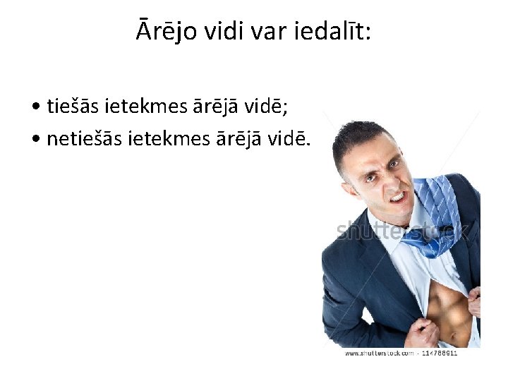 Ārējo vidi var iedalīt: • tiešās ietekmes ārējā vidē; • netiešās ietekmes ārējā vidē.