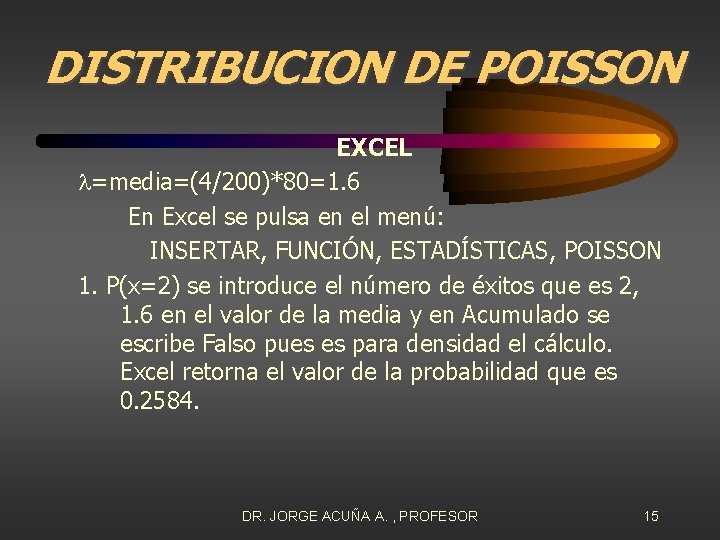 DISTRIBUCION DE POISSON EXCEL =media=(4/200)*80=1. 6 En Excel se pulsa en el menú: INSERTAR,
