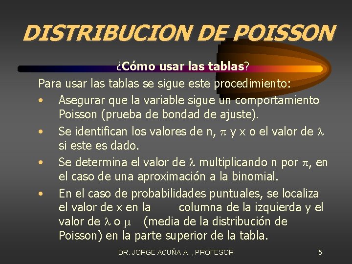 DISTRIBUCION DE POISSON ¿Cómo usar las tablas? Para usar las tablas se sigue este