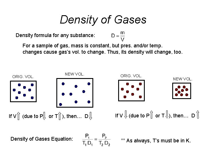 Density of Gases Density formula for any substance: For a sample of gas, mass