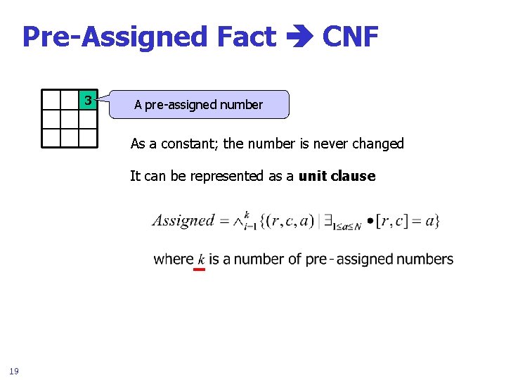 Pre-Assigned Fact CNF 3 A pre-assigned number As a constant; the number is never