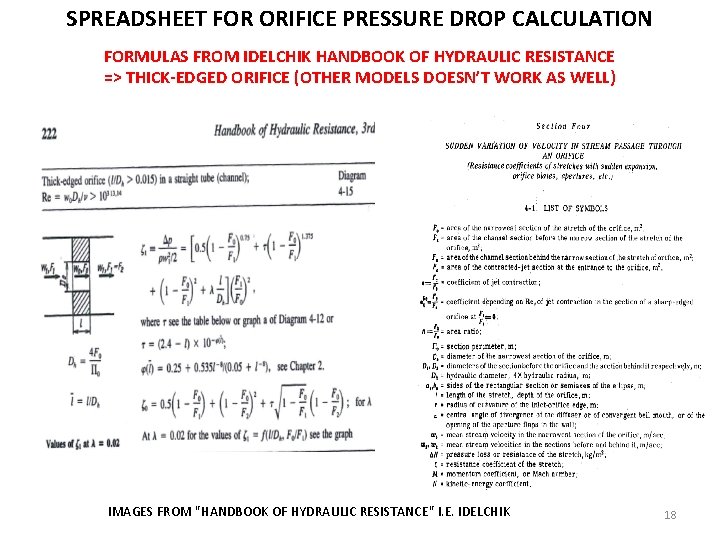 SPREADSHEET FOR ORIFICE PRESSURE DROP CALCULATION FORMULAS FROM IDELCHIK HANDBOOK OF HYDRAULIC RESISTANCE =>