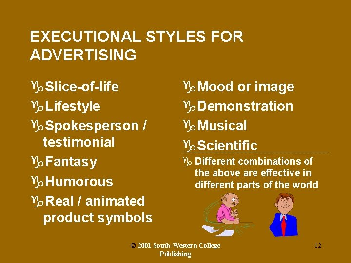 EXECUTIONAL STYLES FOR ADVERTISING g. Slice-of-life g. Lifestyle g. Spokesperson / testimonial g. Fantasy