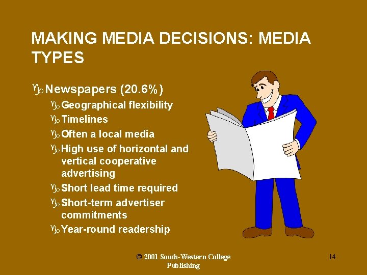 MAKING MEDIA DECISIONS: MEDIA TYPES g. Newspapers (20. 6%) g. Geographical flexibility g. Timelines