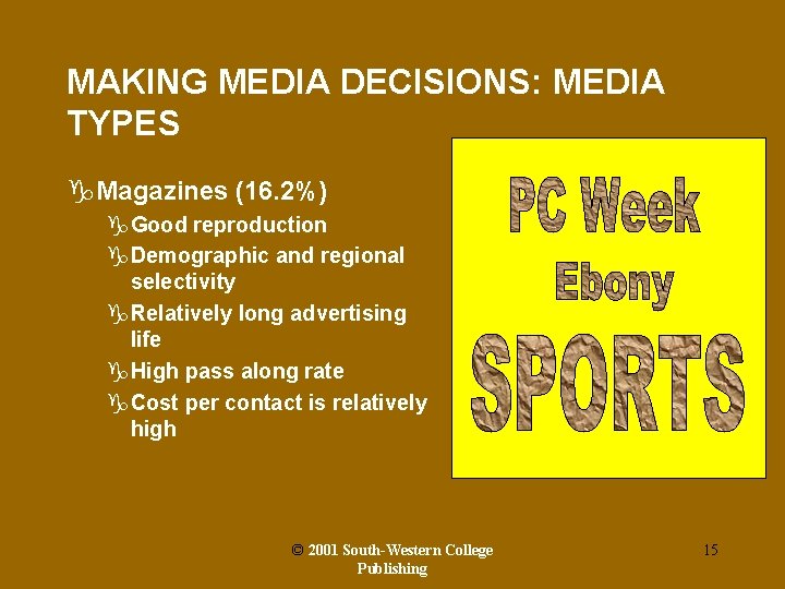 MAKING MEDIA DECISIONS: MEDIA TYPES g. Magazines (16. 2%) g. Good reproduction g. Demographic