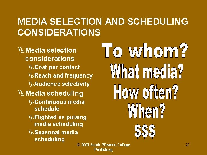 MEDIA SELECTION AND SCHEDULING CONSIDERATIONS g. Media selection considerations g. Cost per contact g.