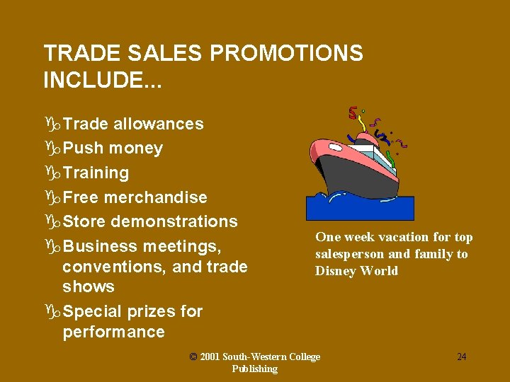 TRADE SALES PROMOTIONS INCLUDE. . . g. Trade allowances g. Push money g. Training