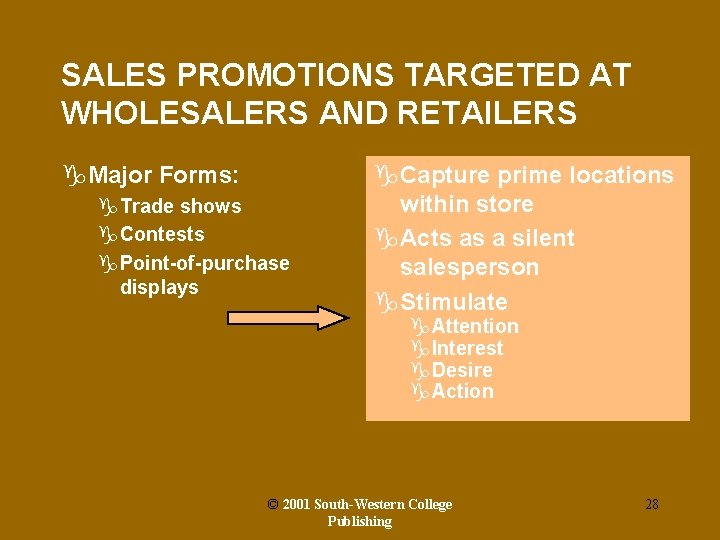 SALES PROMOTIONS TARGETED AT WHOLESALERS AND RETAILERS g. Major Forms: g. Trade shows g.