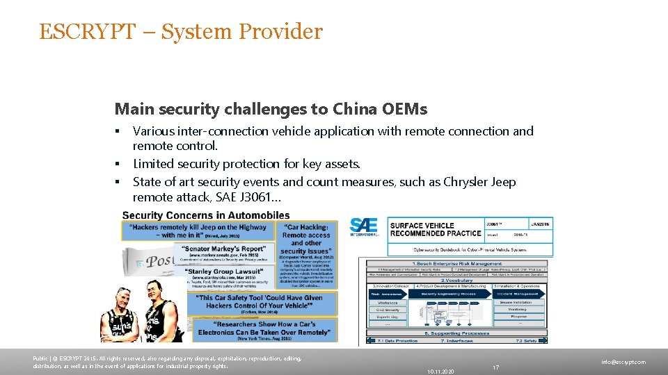 ESCRYPT – System Provider Main security challenges to China OEMs § § § Various